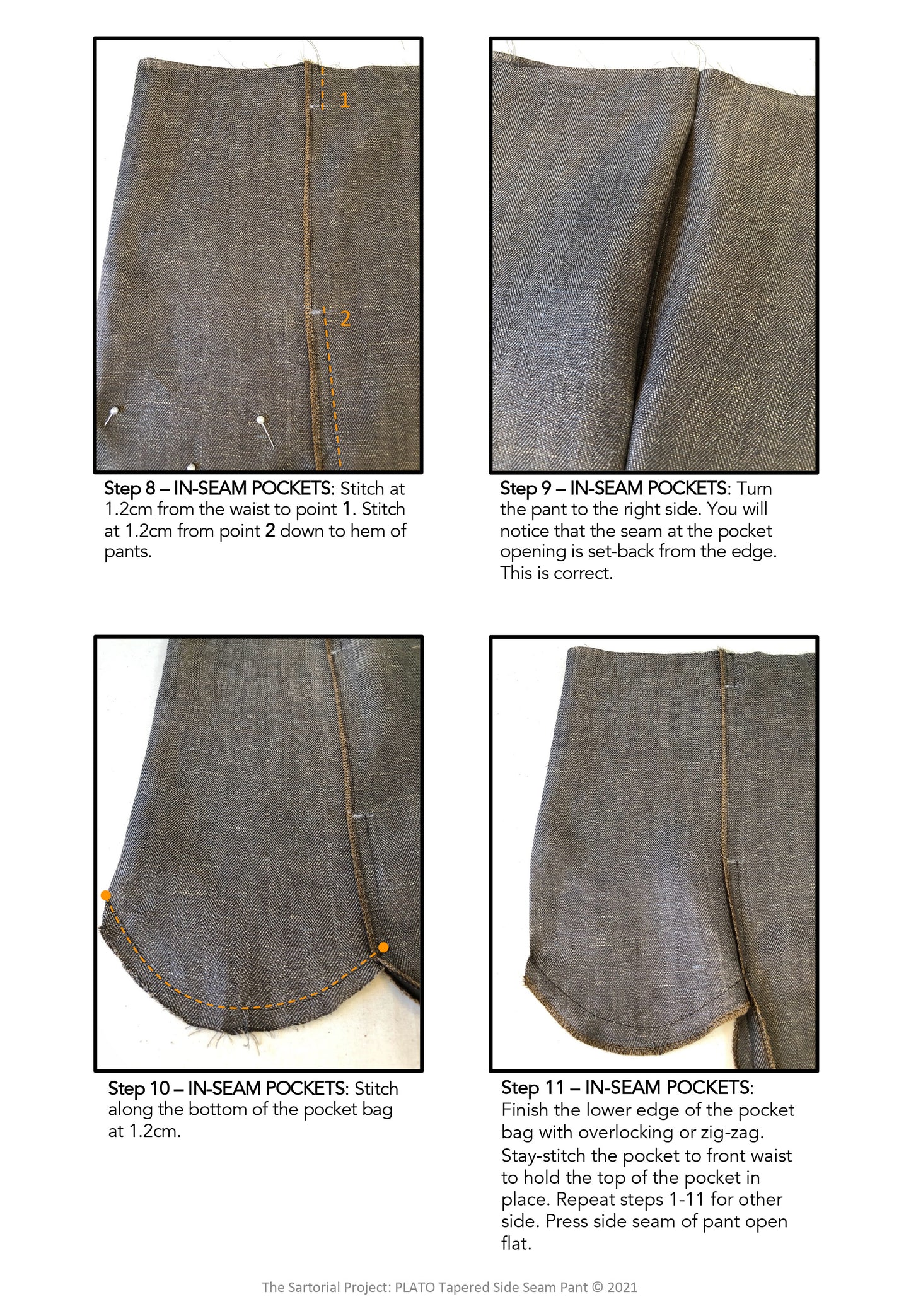 A single page from the Plato Pant PDF sewing book